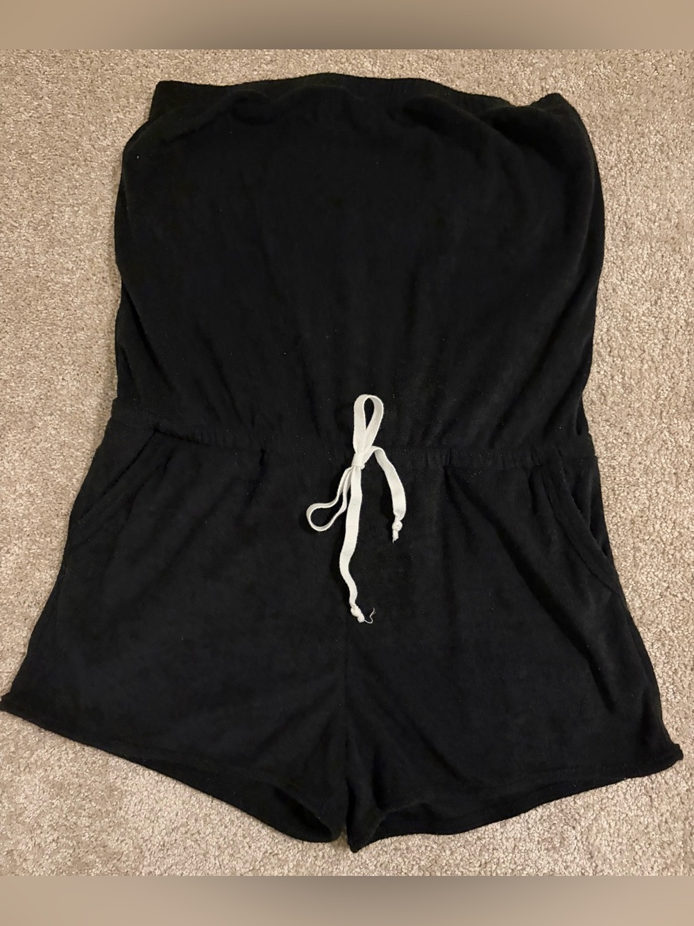Black Strapless Terry Cloth Style Romper with White Drawstring